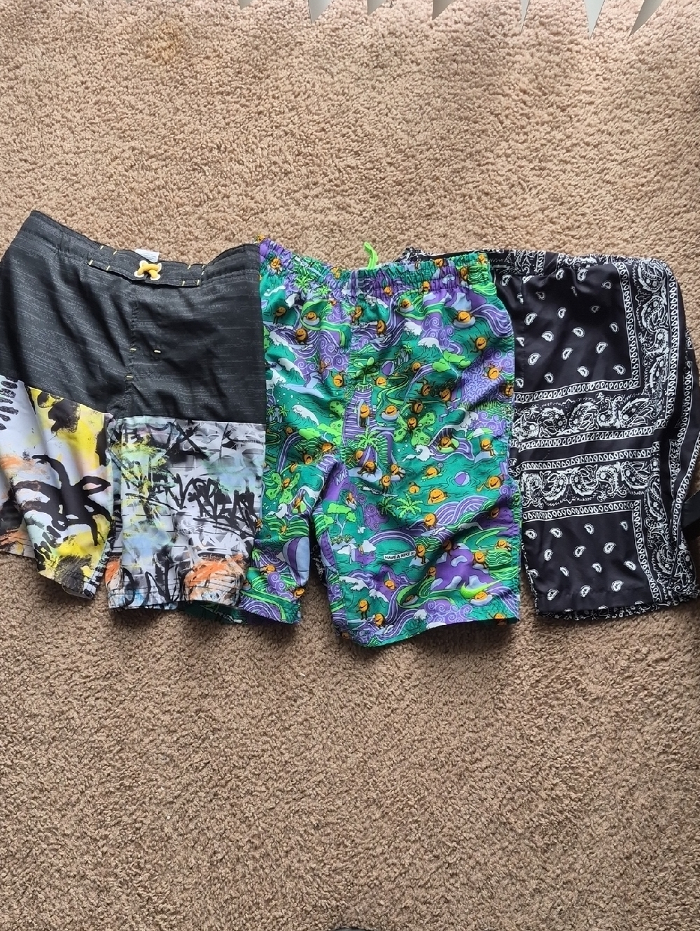 Boys 3 Pack Swim Trunk Bundle Green & Purp, Black & White Paisley, Black N Yella